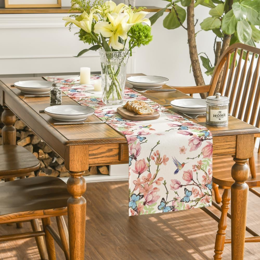 Flowers Bird Butterfly Spring Table Runner, Seasonal Kitchen Dining Table Decoration for Home Party Decor 13x72 Inch - Image 4