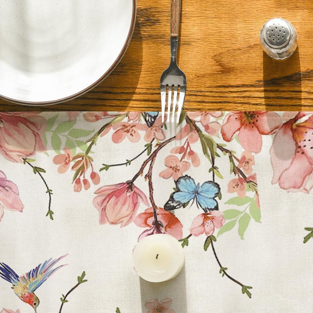 Flowers Bird Butterfly Spring Table Runner, Seasonal Kitchen Dining Table Decoration for Home Party Decor 13x72 Inch - Image 7