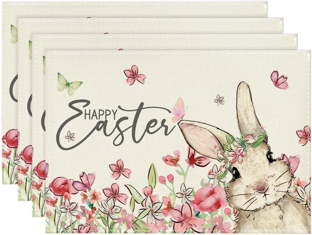 Floral Bunny Rabbit Easter Placemats Set of 4, 12x18 Inch Seasonal Spring Table Mats for Party Kitchen Dining Decoration - Image 1