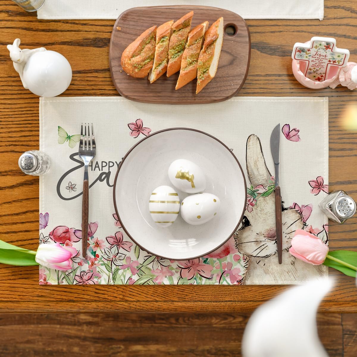 Floral Bunny Rabbit Easter Placemats Set of 4, 12x18 Inch Seasonal Spring Table Mats for Party Kitchen Dining Decoration - Image 2