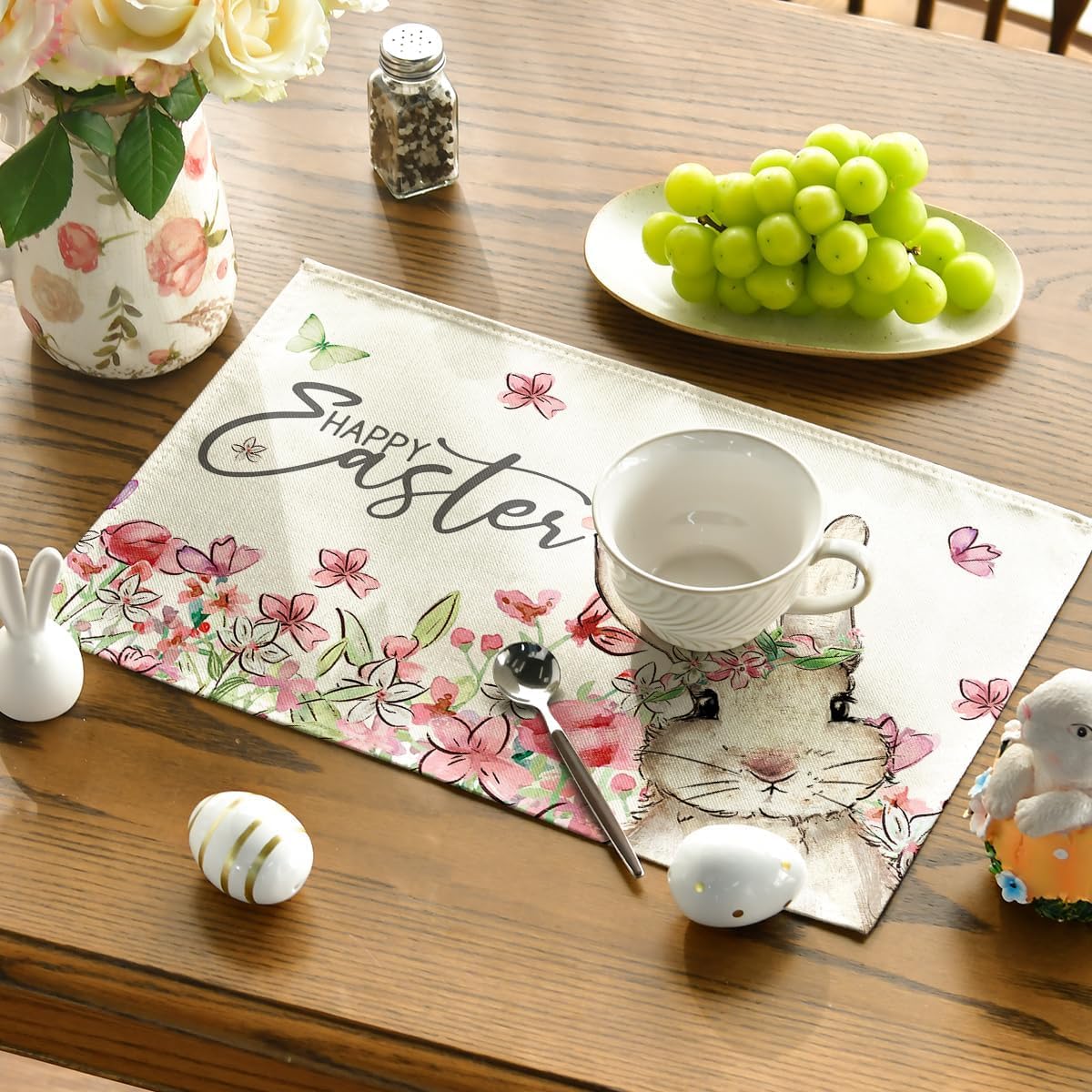 Floral Bunny Rabbit Easter Placemats Set of 4, 12x18 Inch Seasonal Spring Table Mats for Party Kitchen Dining Decoration - Image 3