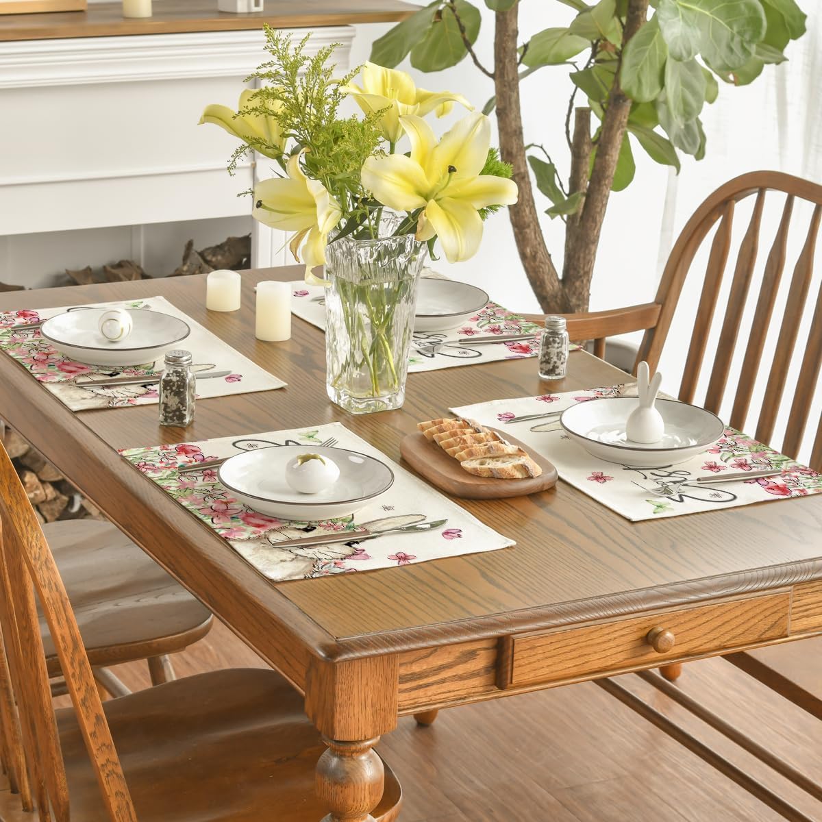 Floral Bunny Rabbit Easter Placemats Set of 4, 12x18 Inch Seasonal Spring Table Mats for Party Kitchen Dining Decoration - Image 4