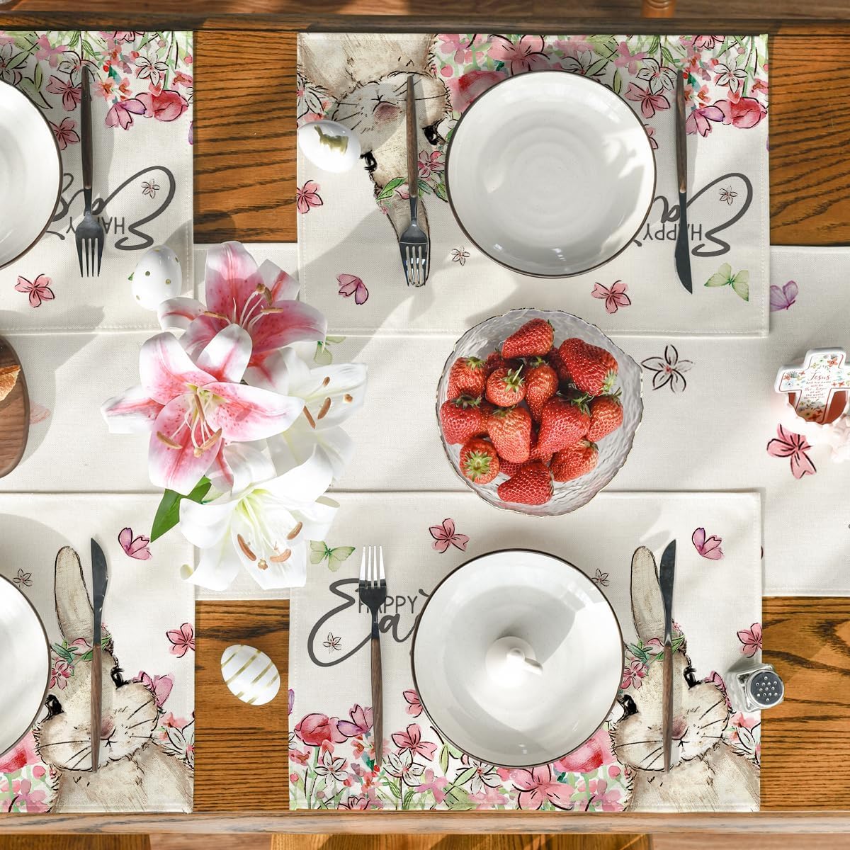 Floral Bunny Rabbit Easter Placemats Set of 4, 12x18 Inch Seasonal Spring Table Mats for Party Kitchen Dining Decoration - Image 5