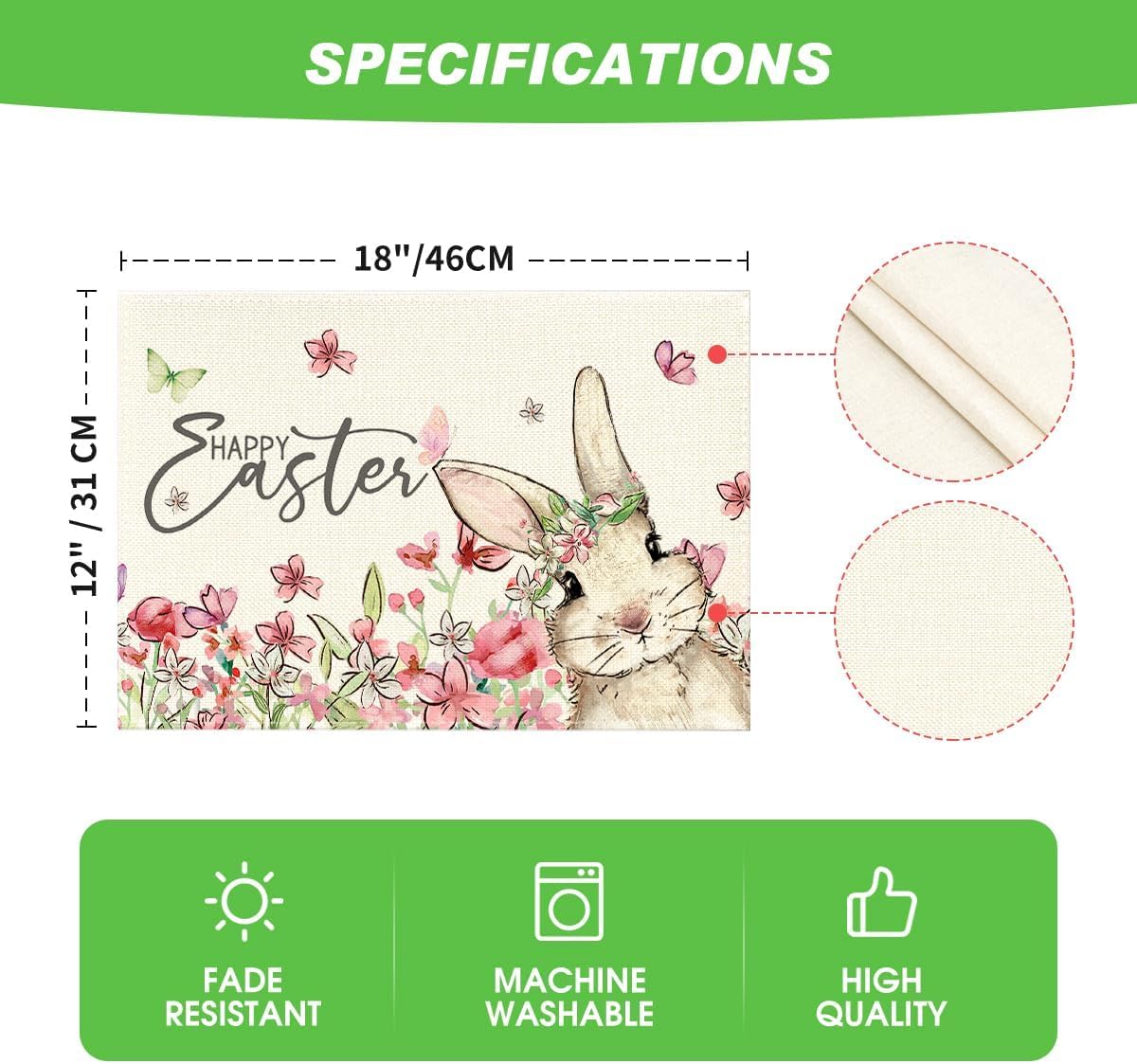 Floral Bunny Rabbit Easter Placemats Set of 4, 12x18 Inch Seasonal Spring Table Mats for Party Kitchen Dining Decoration - Image 6