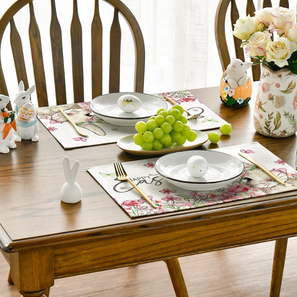 Floral Bunny Rabbit Easter Placemats Set of 4, 12x18 Inch Seasonal Spring Table Mats for Party Kitchen Dining Decoration - Image 7