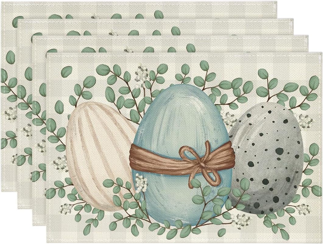 Eucalyptus Eggs Easter Placemats Set of 4, 12x18 Inch Spring Seasonal Table Mats for Party Kitchen Dining Decoration - Image 1