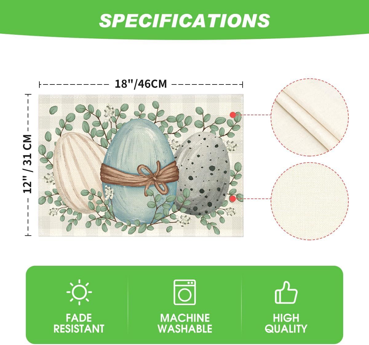 Eucalyptus Eggs Easter Placemats Set of 4, 12x18 Inch Spring Seasonal Table Mats for Party Kitchen Dining Decoration - Image 6