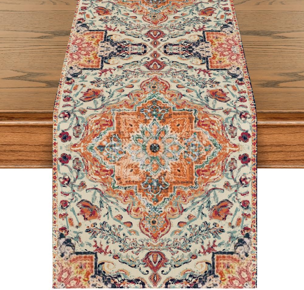 Boho Bohemia Style Orange Table Runner, Country Rustic Farmhouse Magical Fall Kitchen Dining Table Decoration for Home Party Decor 13x72 Inch - Image 1