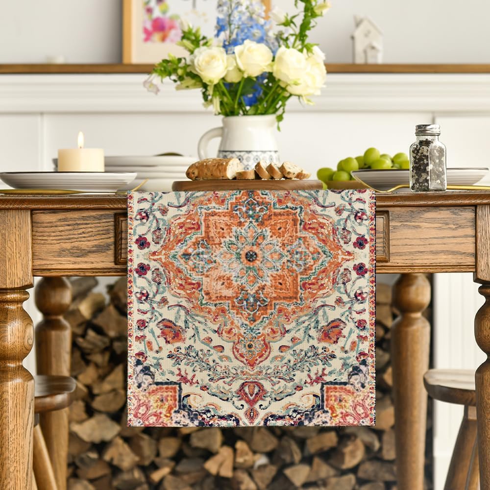 Boho Bohemia Style Orange Table Runner, Country Rustic Farmhouse Magical Fall Kitchen Dining Table Decoration for Home Party Decor 13x72 Inch - Image 2