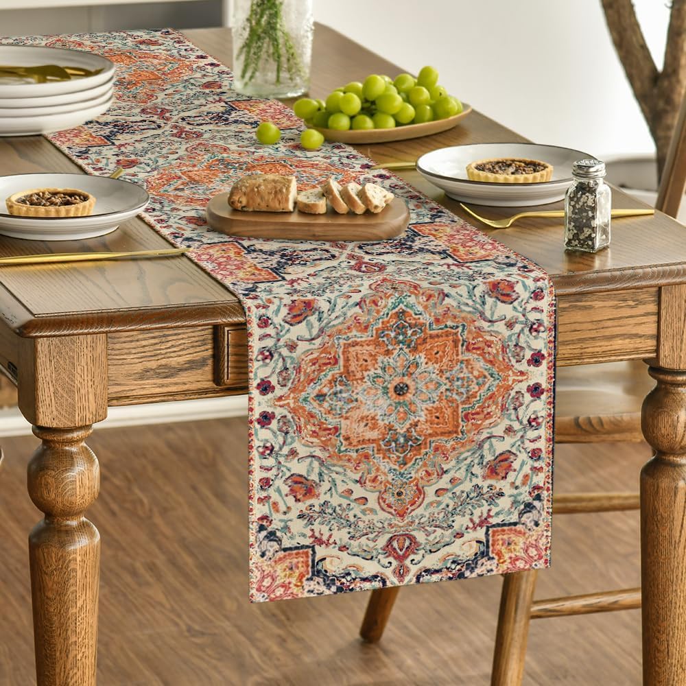Boho Bohemia Style Orange Table Runner, Country Rustic Farmhouse Magical Fall Kitchen Dining Table Decoration for Home Party Decor 13x72 Inch - Image 3