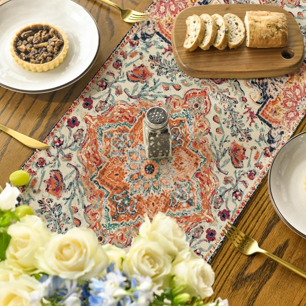 Boho Bohemia Style Orange Table Runner, Country Rustic Farmhouse Magical Fall Kitchen Dining Table Decoration for Home Party Decor 13x72 Inch - Image 4