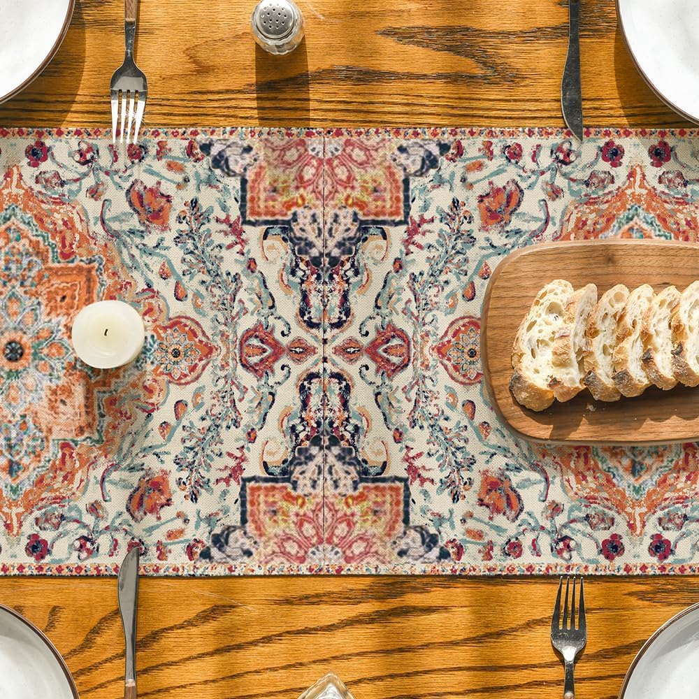 Boho Bohemia Style Orange Table Runner, Country Rustic Farmhouse Magical Fall Kitchen Dining Table Decoration for Home Party Decor 13x72 Inch - Image 7