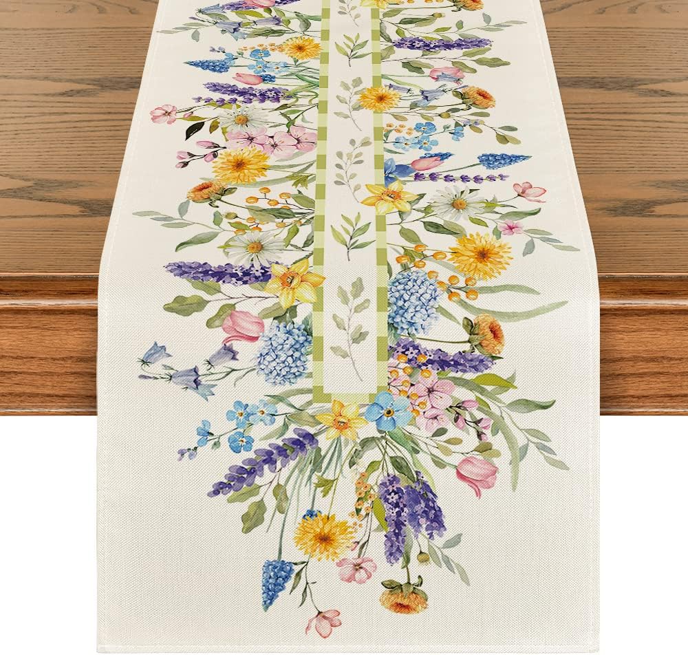 Bloom Flowers Florals Lavender Summer Table Runner, Seasonal Spring Holiday Kitchen Dining Table Decoration for Home Party Indoor 13x72 Inch - Image 1