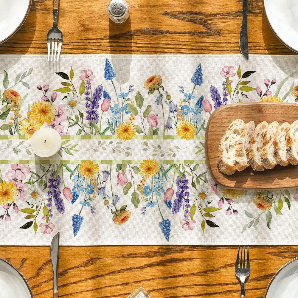 Bloom Flowers Florals Lavender Summer Table Runner, Seasonal Spring Holiday Kitchen Dining Table Decoration for Home Party Indoor 13x72 Inch - Image 3