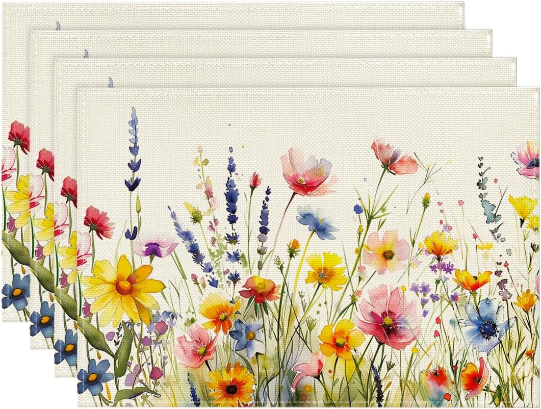 Daisy Lavender Floral Leaves Spring Placemats Set of 4,12x18 Inch Seasonal Spring Table Mats for Party Kitchen Dining Decoration - Image 1