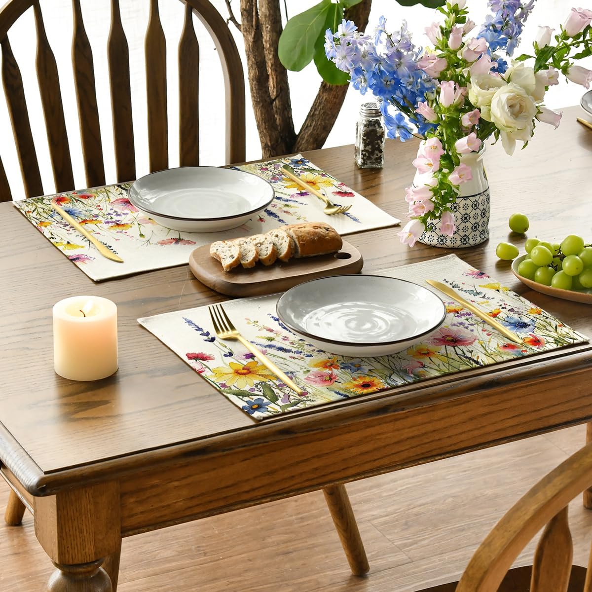 Daisy Lavender Floral Leaves Spring Placemats Set of 4,12x18 Inch Seasonal Spring Table Mats for Party Kitchen Dining Decoration - Image 3