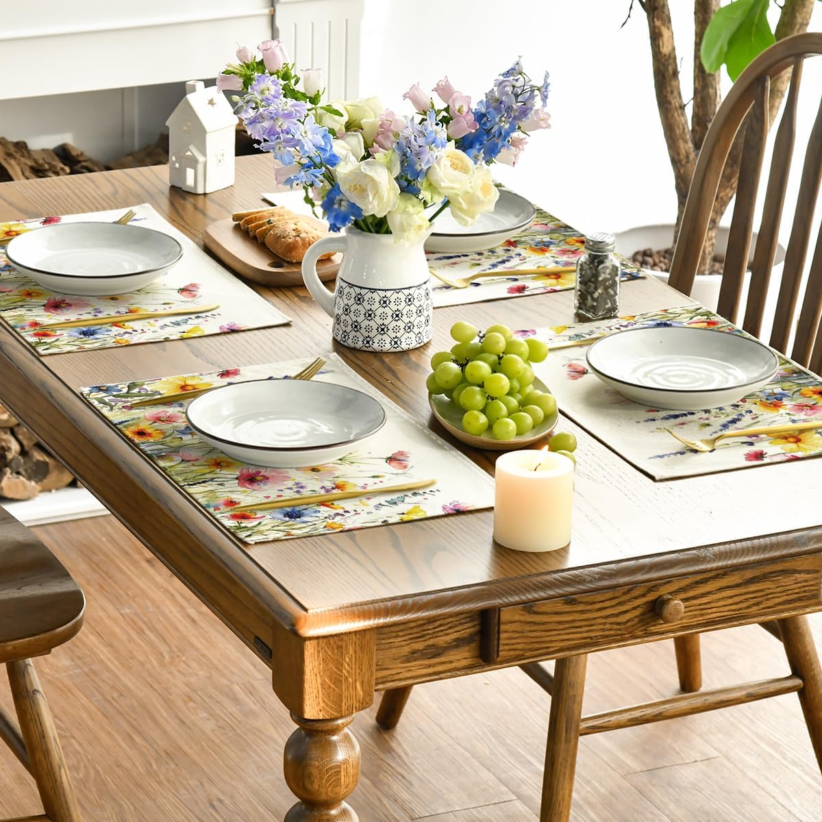 Daisy Lavender Floral Leaves Spring Placemats Set of 4,12x18 Inch Seasonal Spring Table Mats for Party Kitchen Dining Decoration - Image 4