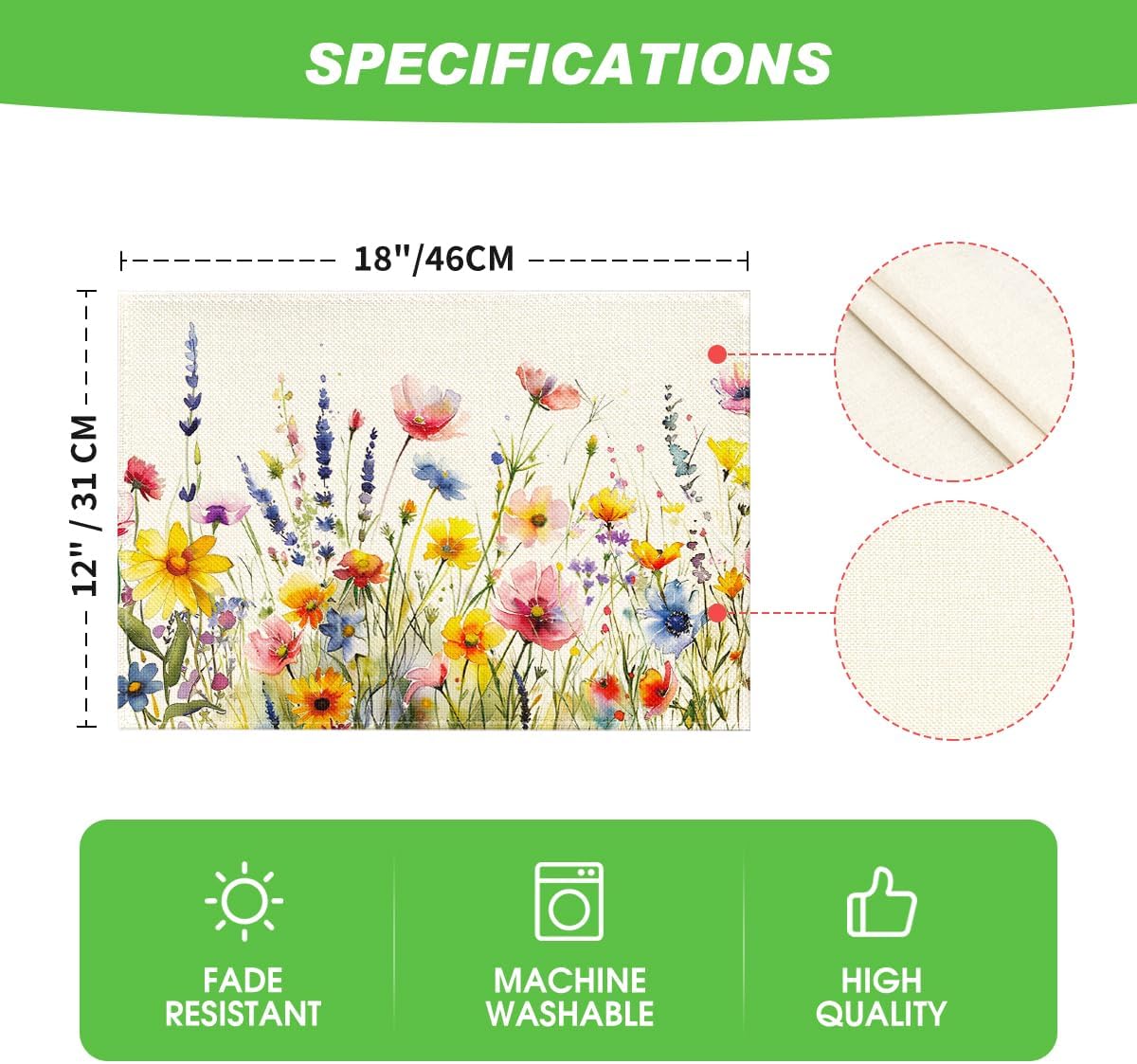 Daisy Lavender Floral Leaves Spring Placemats Set of 4,12x18 Inch Seasonal Spring Table Mats for Party Kitchen Dining Decoration - Image 6