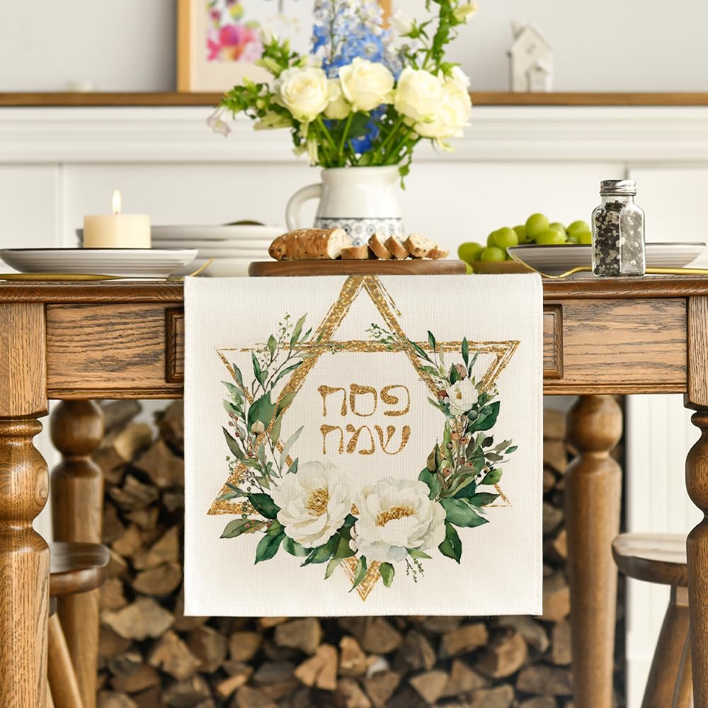 Hexagram Flowers Passover Table Runner, Jewish Spring Seasonal Holiday Kitchen Dining Table Decoration for Indoor Outdoor Home Party Decor 13 x 72 Inch - Image 2