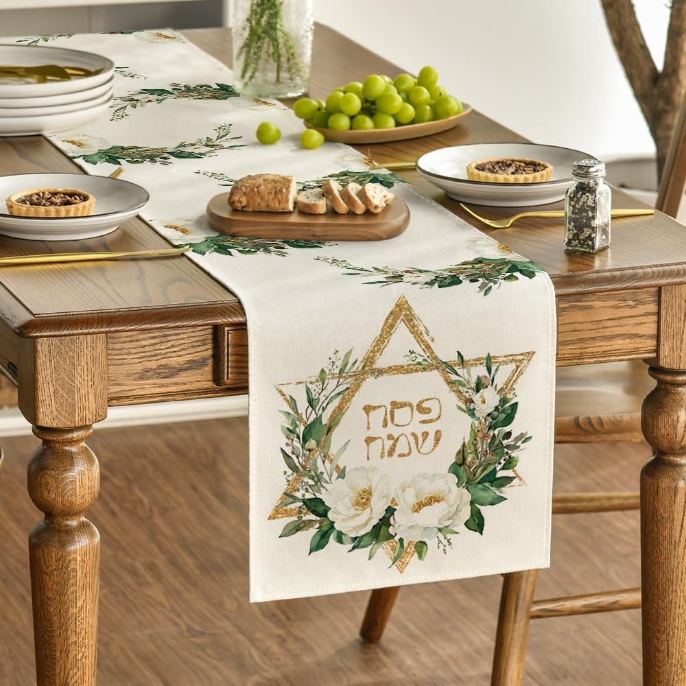 Hexagram Flowers Passover Table Runner, Jewish Spring Seasonal Holiday Kitchen Dining Table Decoration for Indoor Outdoor Home Party Decor 13 x 72 Inch - Image 3