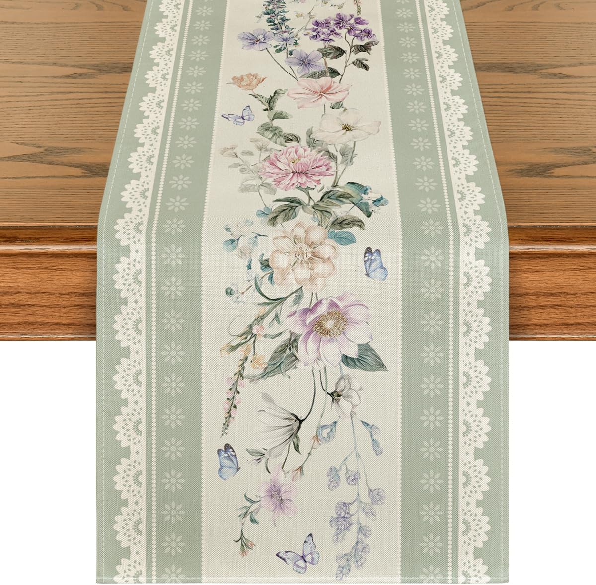 Green Printed Lace Floral 210 GSM Spring Table Runner, Seasonal Summer Kitchen Dining Table Decoration for Home Party Decor 13x72 Inch - Image 1