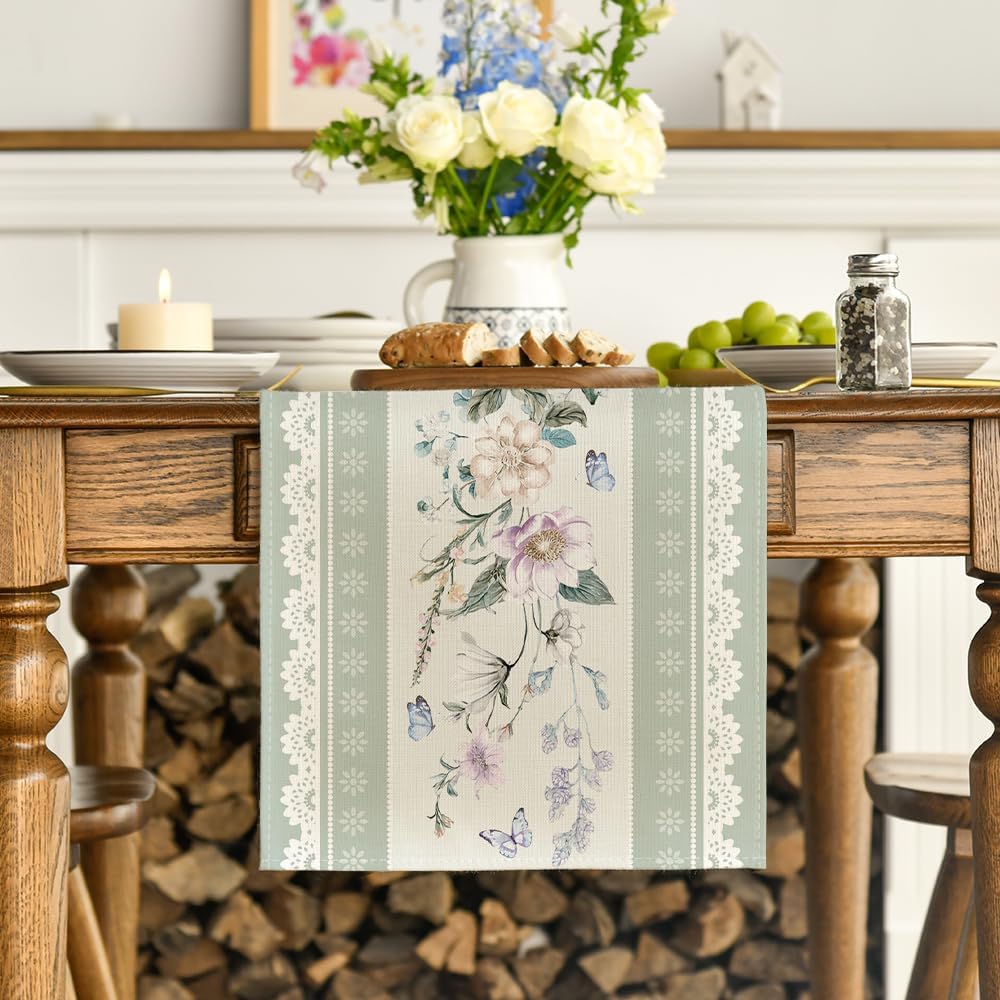 Green Printed Lace Floral 210 GSM Spring Table Runner, Seasonal Summer Kitchen Dining Table Decoration for Home Party Decor 13x72 Inch - Image 2