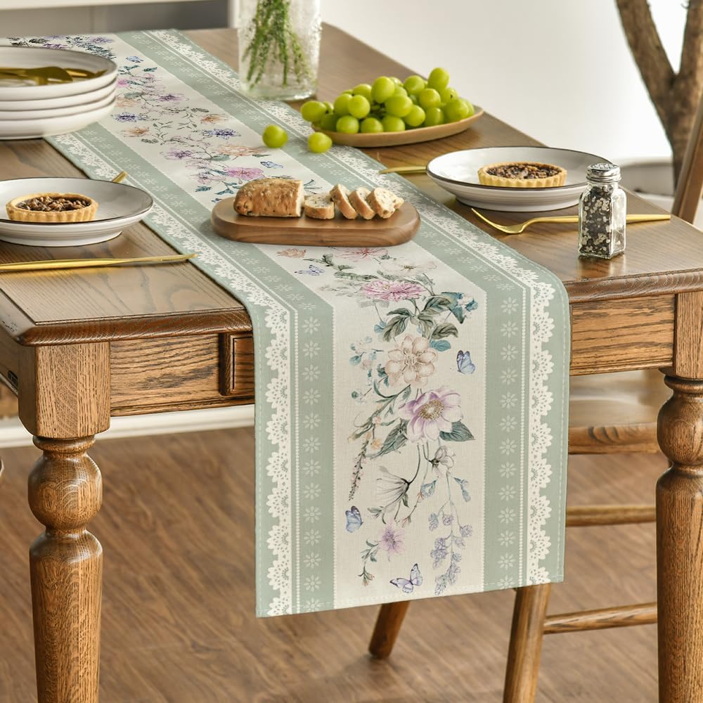 Green Printed Lace Floral 210 GSM Spring Table Runner, Seasonal Summer Kitchen Dining Table Decoration for Home Party Decor 13x72 Inch - Image 3