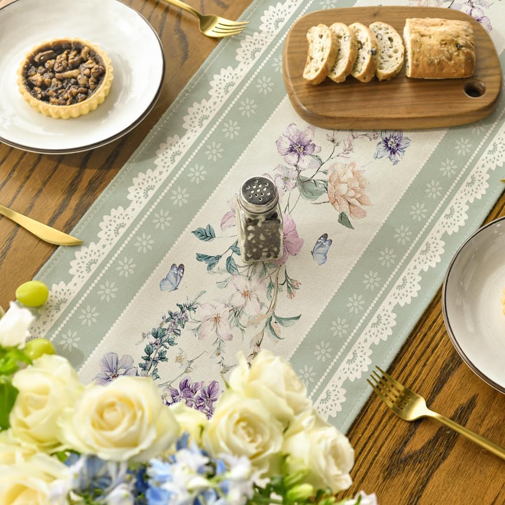 Green Printed Lace Floral 210 GSM Spring Table Runner, Seasonal Summer Kitchen Dining Table Decoration for Home Party Decor 13x72 Inch - Image 4
