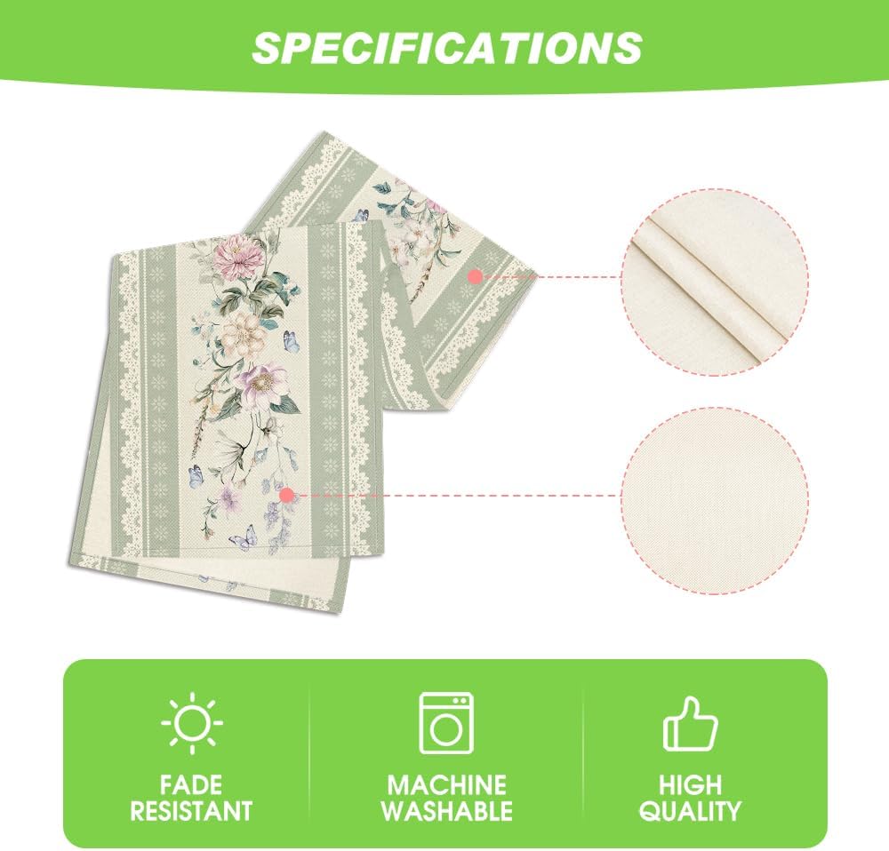 Green Printed Lace Floral 210 GSM Spring Table Runner, Seasonal Summer Kitchen Dining Table Decoration for Home Party Decor 13x72 Inch - Image 5