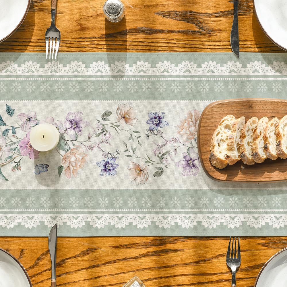 Green Printed Lace Floral 210 GSM Spring Table Runner, Seasonal Summer Kitchen Dining Table Decoration for Home Party Decor 13x72 Inch - Image 7