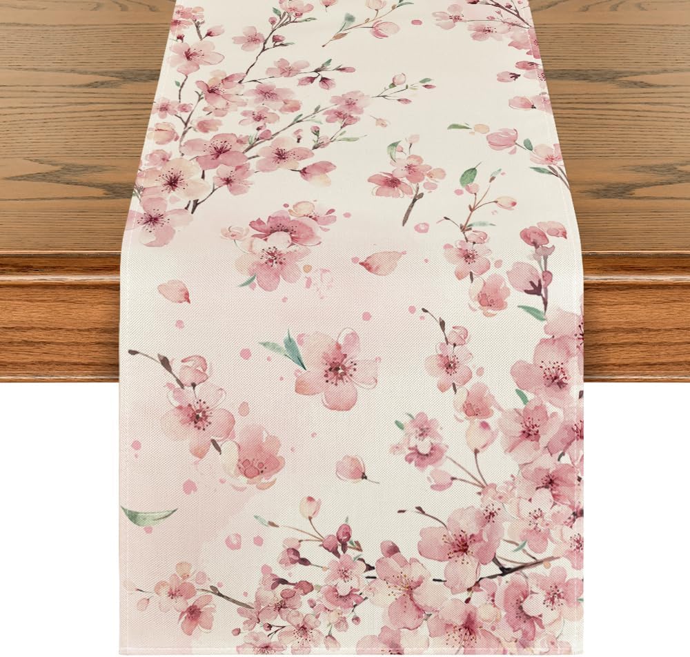 Floral Cherry Blossoms Branches Summer Table Runner, Seasonal Spring Kitchen Dining Table Decoration for Home Party Decor 13x72 Inch - Image 1