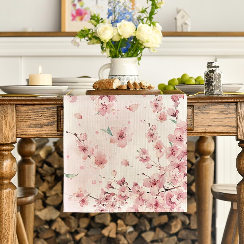 Floral Cherry Blossoms Branches Summer Table Runner, Seasonal Spring Kitchen Dining Table Decoration for Home Party Decor 13x72 Inch - Image 2