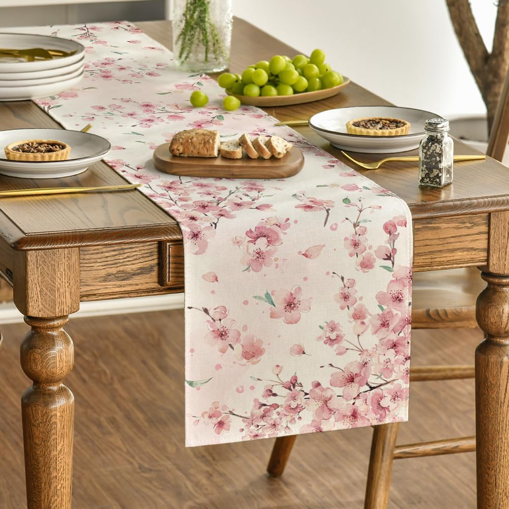 Floral Cherry Blossoms Branches Summer Table Runner, Seasonal Spring Kitchen Dining Table Decoration for Home Party Decor 13x72 Inch - Image 3