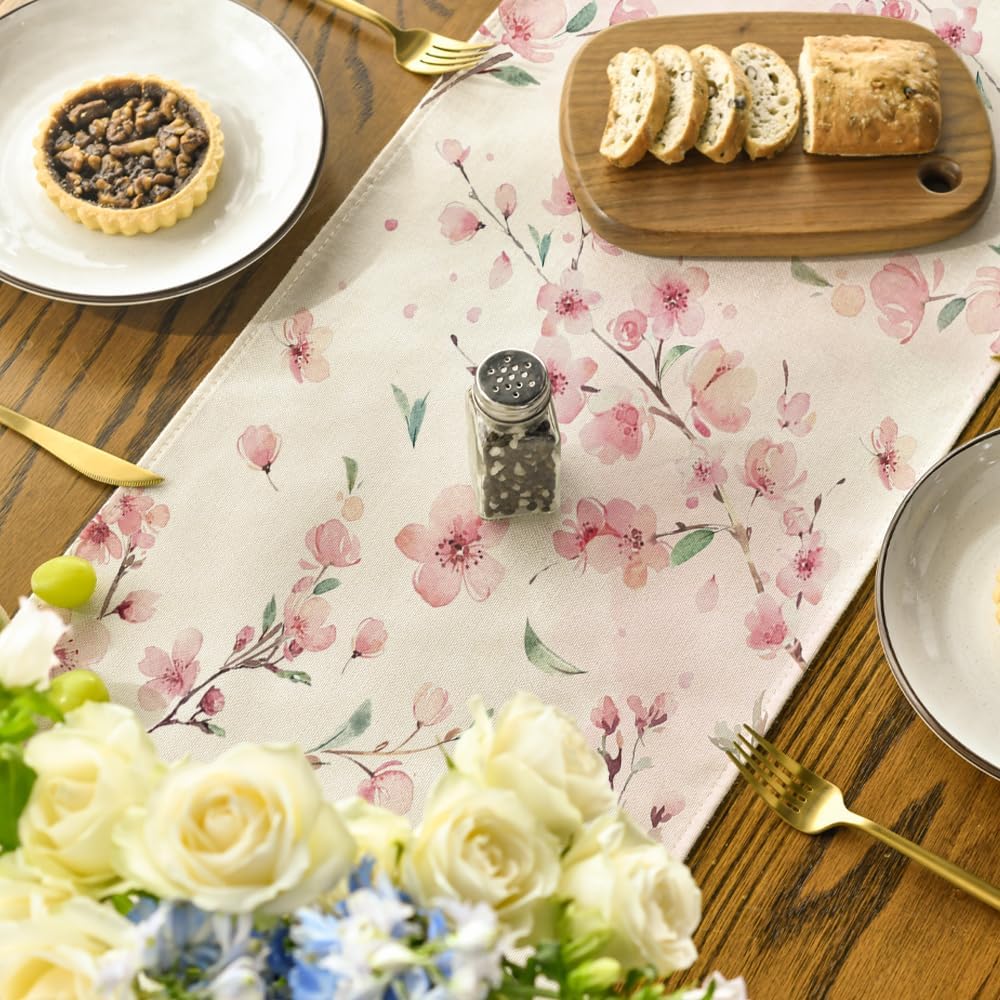 Floral Cherry Blossoms Branches Summer Table Runner, Seasonal Spring Kitchen Dining Table Decoration for Home Party Decor 13x72 Inch - Image 4
