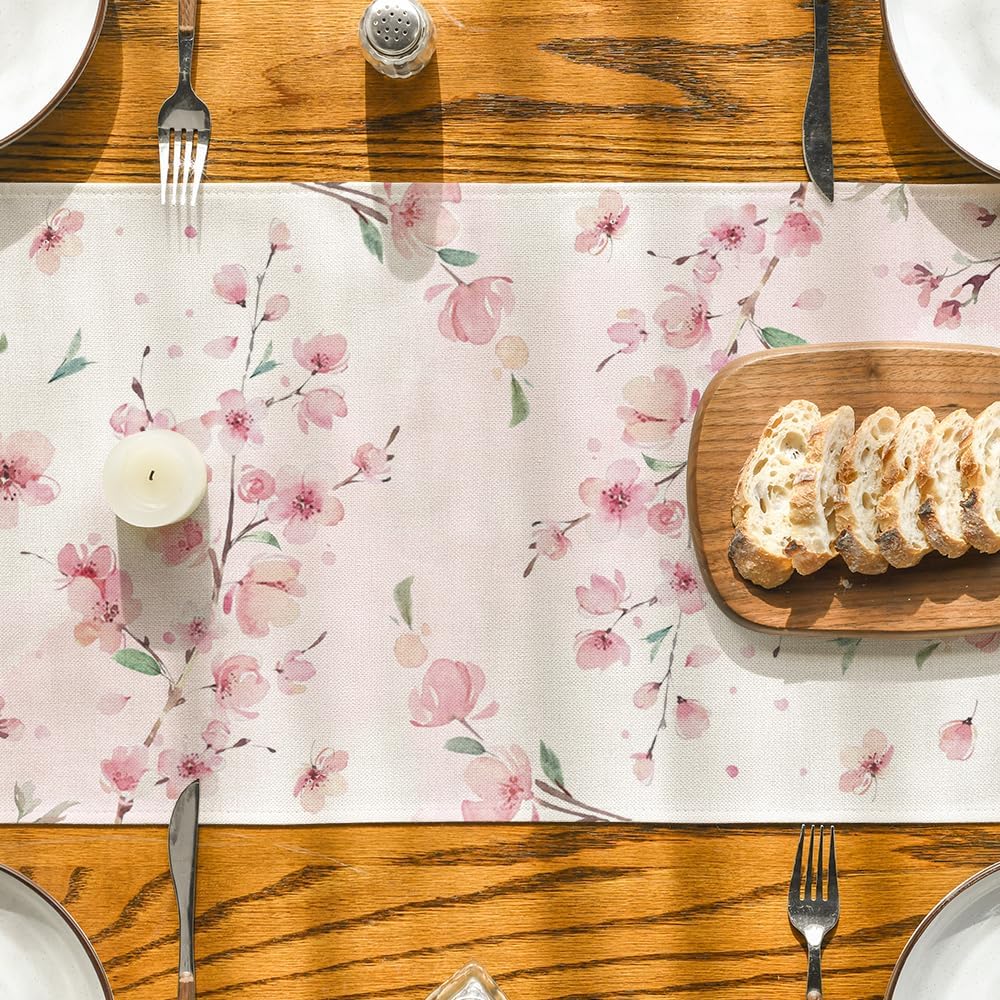 Floral Cherry Blossoms Branches Summer Table Runner, Seasonal Spring Kitchen Dining Table Decoration for Home Party Decor 13x72 Inch - Image 7