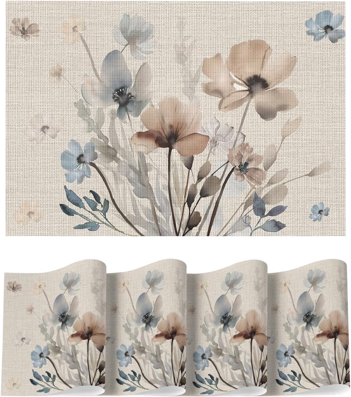 Brown Poppy Floral Vinyl Plastic Placemats Set of 4, Washable Non-Slip PVC Table Mats for Party Kitchen Dining Decor, 12x18 Inch - Image 1
