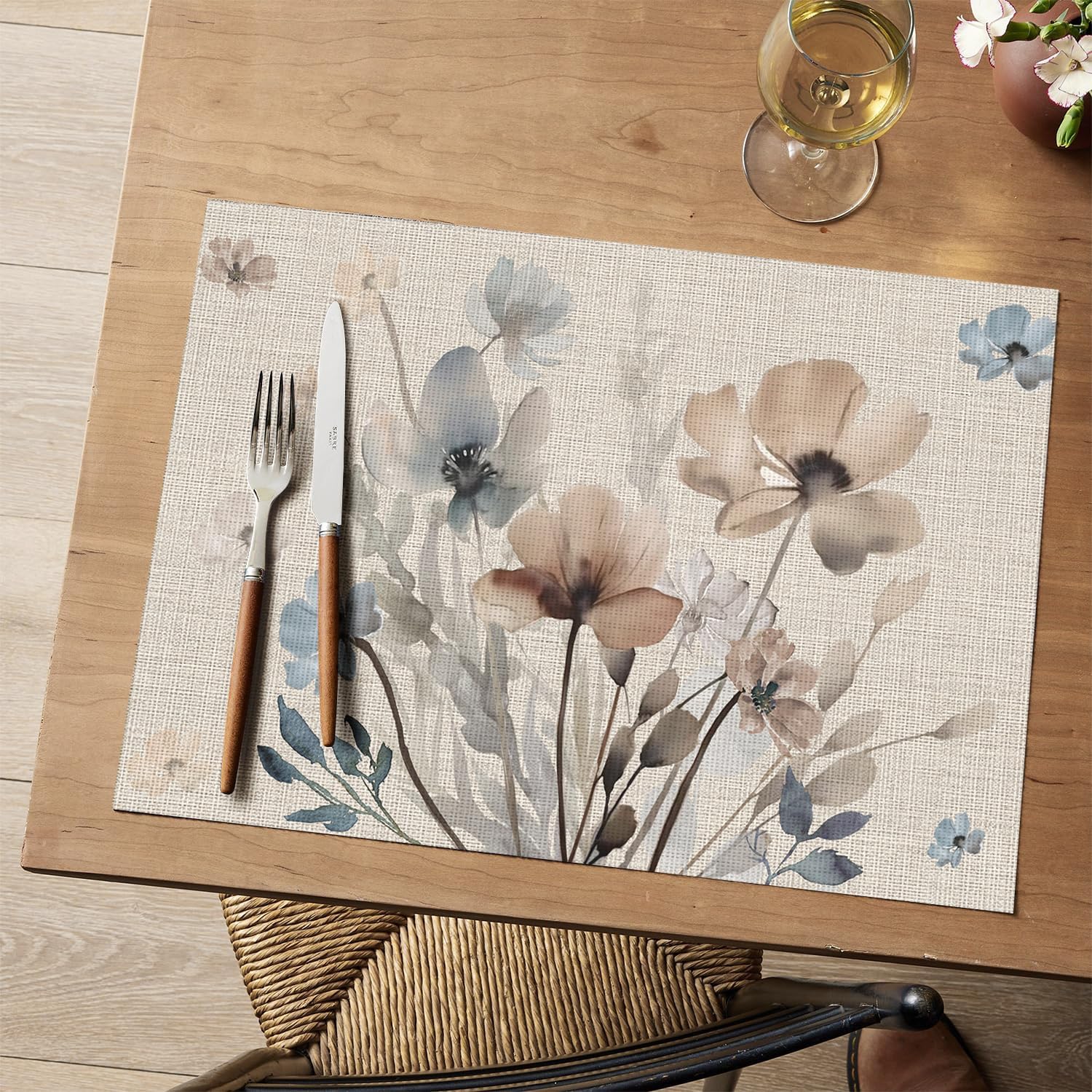Brown Poppy Floral Vinyl Plastic Placemats Set of 4, Washable Non-Slip PVC Table Mats for Party Kitchen Dining Decor, 12x18 Inch - Image 2