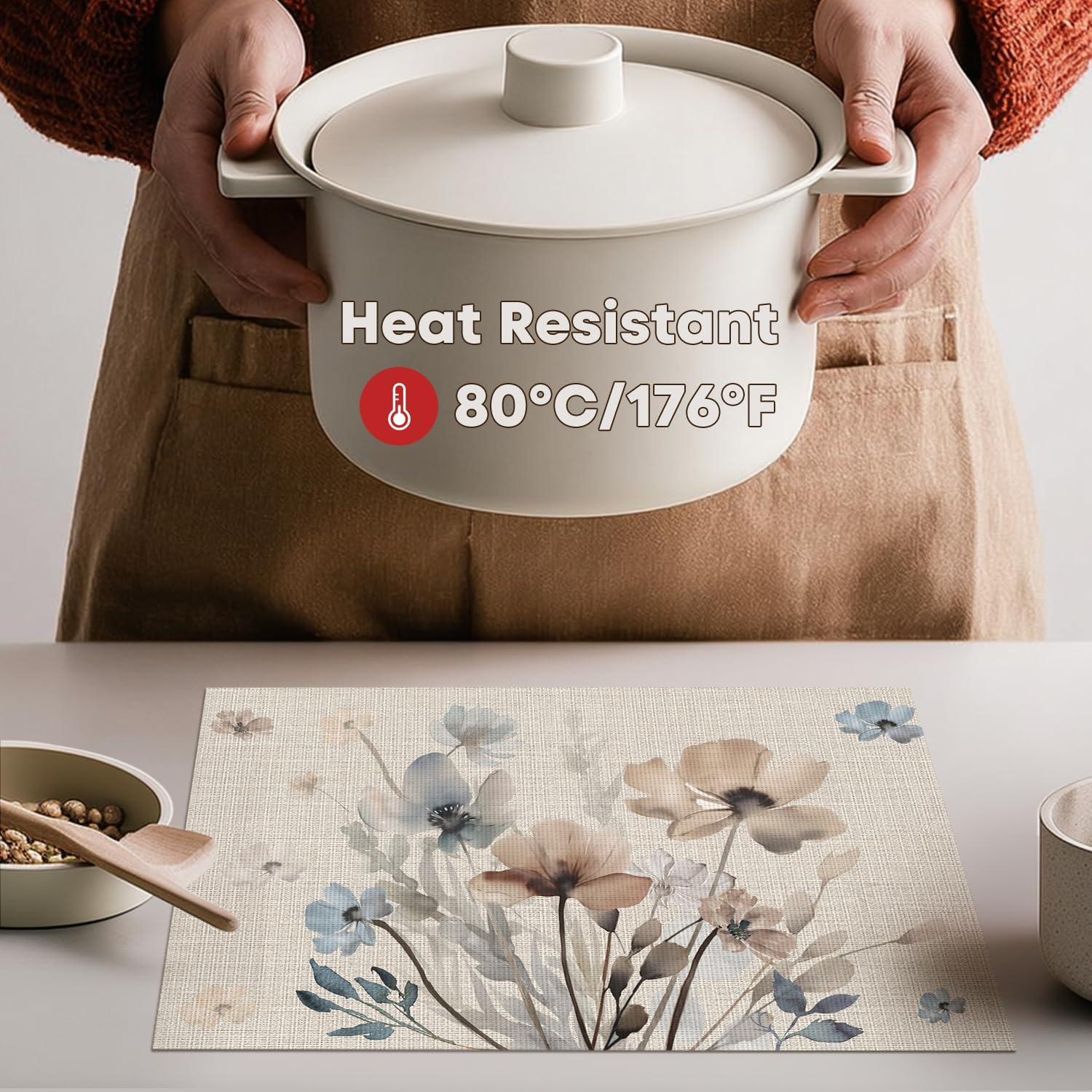 Brown Poppy Floral Vinyl Plastic Placemats Set of 4, Washable Non-Slip PVC Table Mats for Party Kitchen Dining Decor, 12x18 Inch - Image 3
