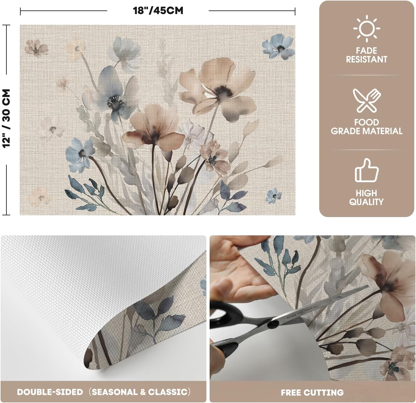 Brown Poppy Floral Vinyl Plastic Placemats Set of 4, Washable Non-Slip PVC Table Mats for Party Kitchen Dining Decor, 12x18 Inch - Image 6