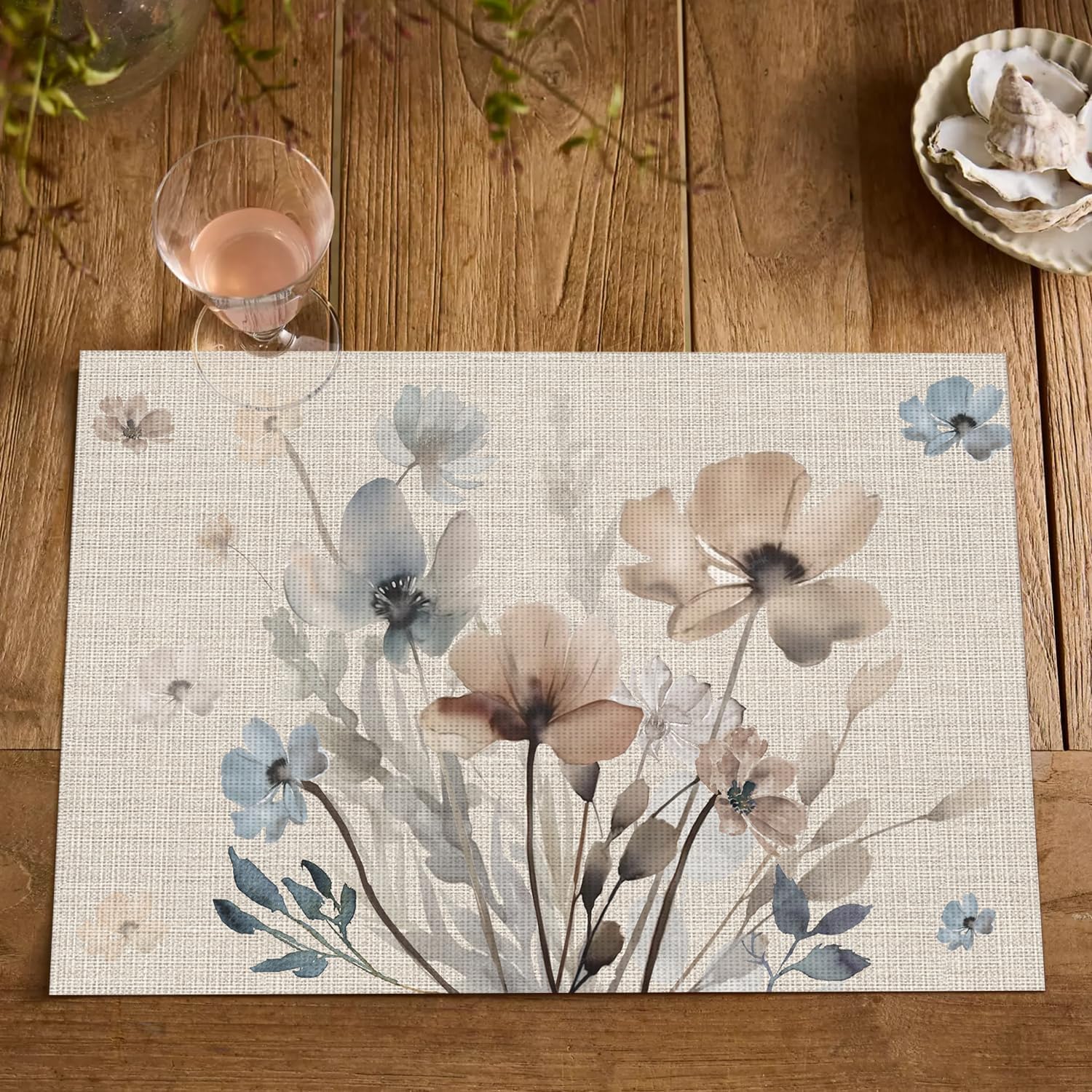 Brown Poppy Floral Vinyl Plastic Placemats Set of 4, Washable Non-Slip PVC Table Mats for Party Kitchen Dining Decor, 12x18 Inch - Image 7