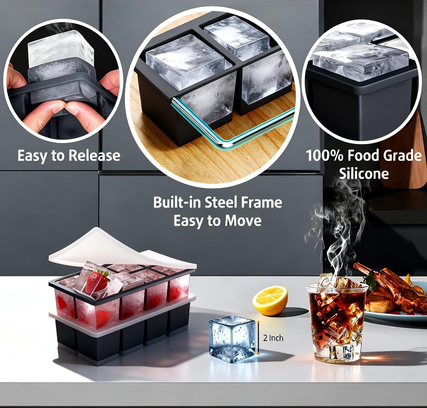 2-Pack Large Ice Cube Trays for Whiskey, Stackable & Easy-Release Silicone Square 2-inch Ice Cube Maker Mold with Lid for Freezer, Cocktail, Bourbon, Drinks - Image 2