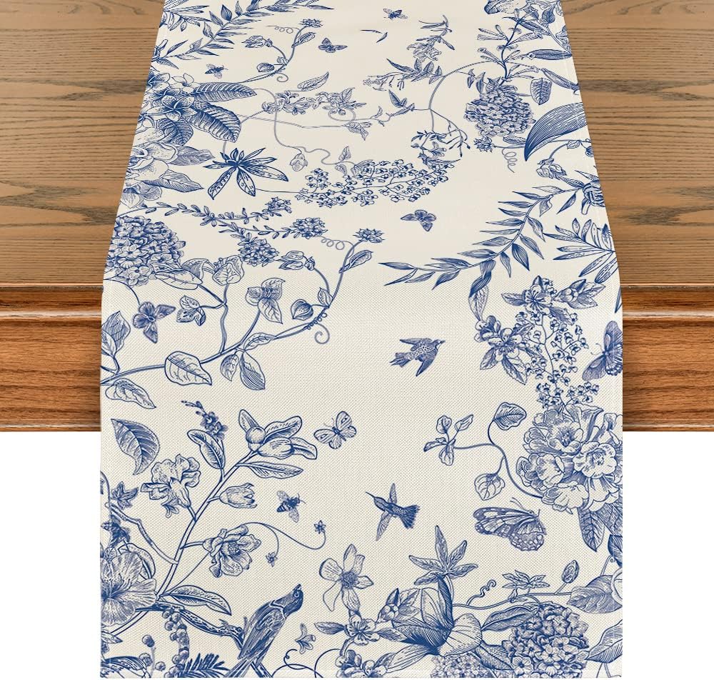 Monochrome Sketch Birds and Flowers Spring Table Runner, Seasonal Summer Fall Kitchen Dining Table Decoration for Home Party Decor 13x72 Inch - Image 1
