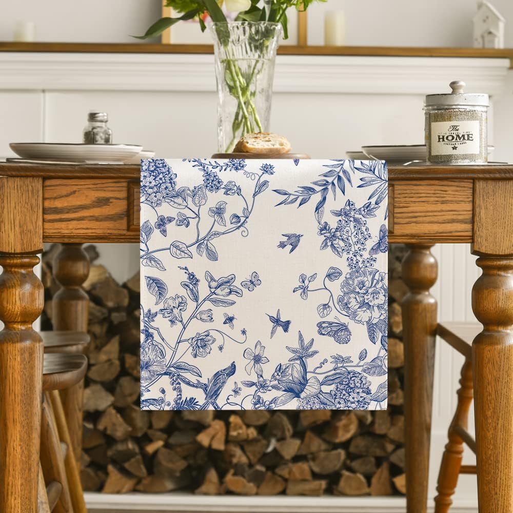 Monochrome Sketch Birds and Flowers Spring Table Runner, Seasonal Summer Fall Kitchen Dining Table Decoration for Home Party Decor 13x72 Inch - Image 2