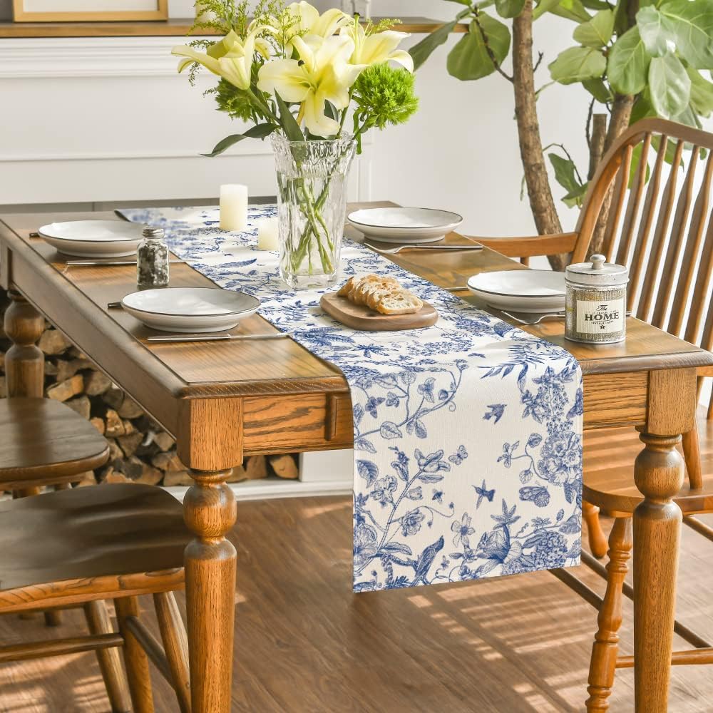 Monochrome Sketch Birds and Flowers Spring Table Runner, Seasonal Summer Fall Kitchen Dining Table Decoration for Home Party Decor 13x72 Inch - Image 4