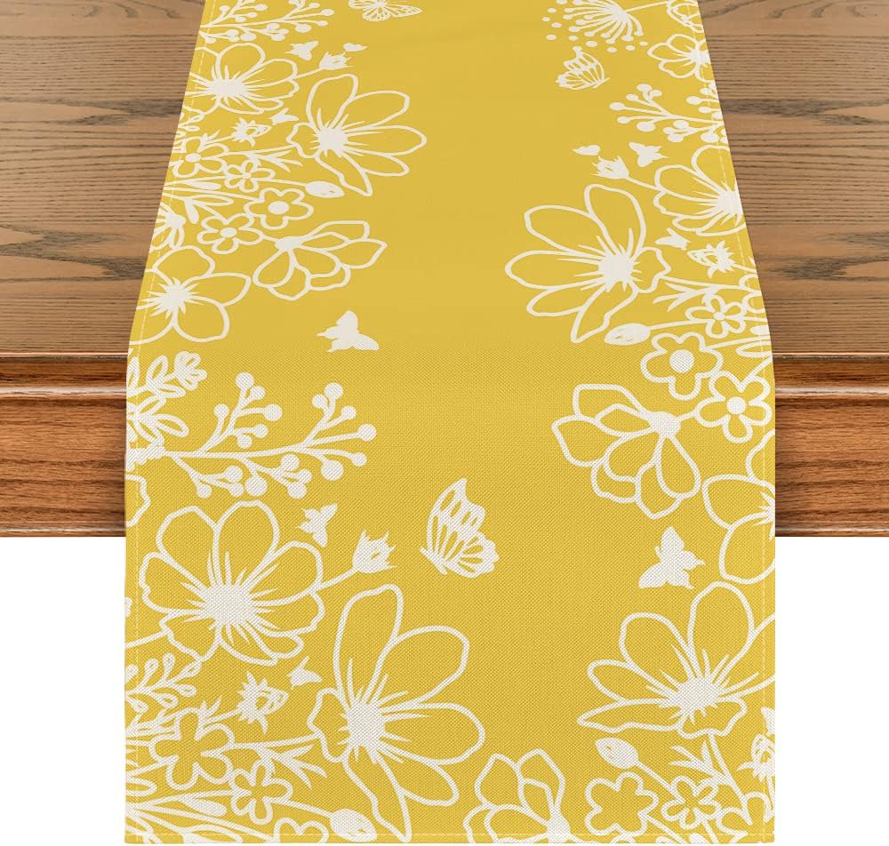 Yellow Bloom Flowers Butterfly Spring Table Runner, Seasonal Holiday Kitchen Dining Table Decoration for Home Party Indoor 13x72 Inch - Image 1