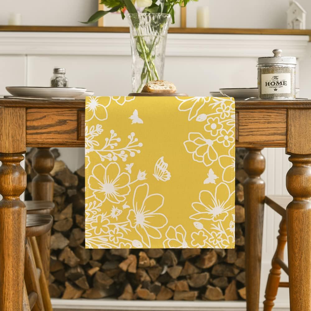 Yellow Bloom Flowers Butterfly Spring Table Runner, Seasonal Holiday Kitchen Dining Table Decoration for Home Party Indoor 13x72 Inch - Image 2