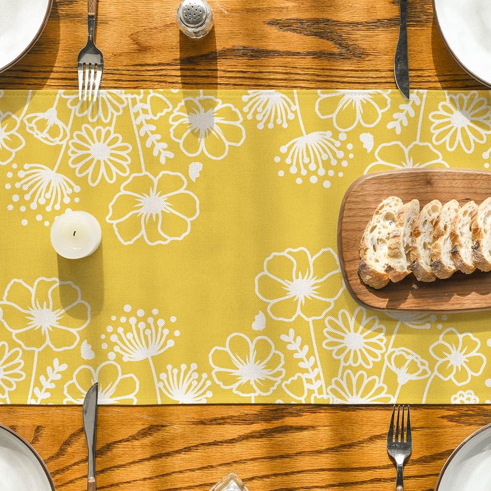 Yellow Bloom Flowers Butterfly Spring Table Runner, Seasonal Holiday Kitchen Dining Table Decoration for Home Party Indoor 13x72 Inch - Image 3