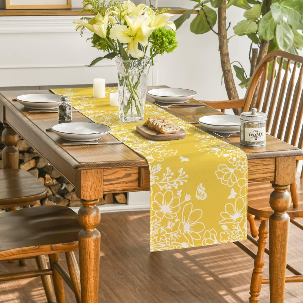 Yellow Bloom Flowers Butterfly Spring Table Runner, Seasonal Holiday Kitchen Dining Table Decoration for Home Party Indoor 13x72 Inch - Image 4
