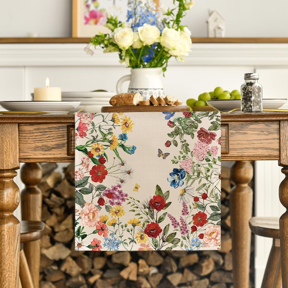 Plants Floral Butterfly Valentine's Day Table Runner, Anniversary Wedding Kitchen Dining Table Decoration for Home Party Decor 13x72 Inch - Image 2