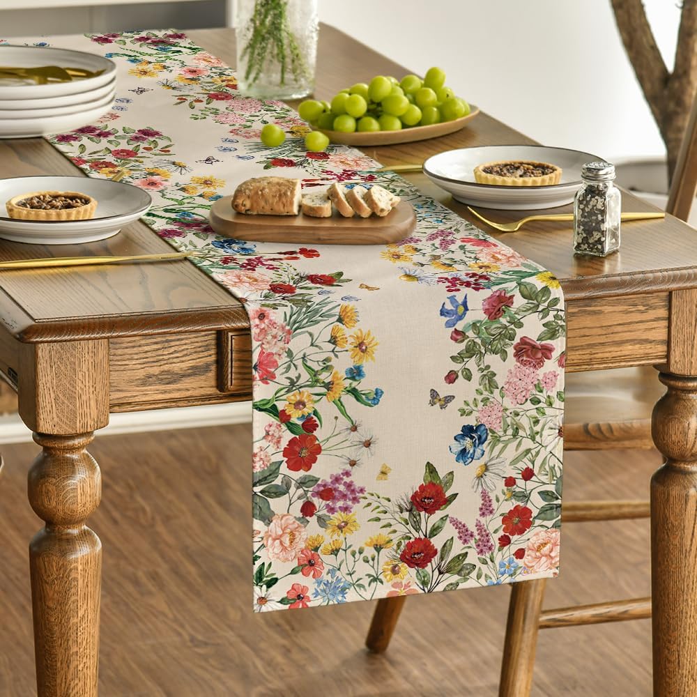Plants Floral Butterfly Valentine's Day Table Runner, Anniversary Wedding Kitchen Dining Table Decoration for Home Party Decor 13x72 Inch - Image 3